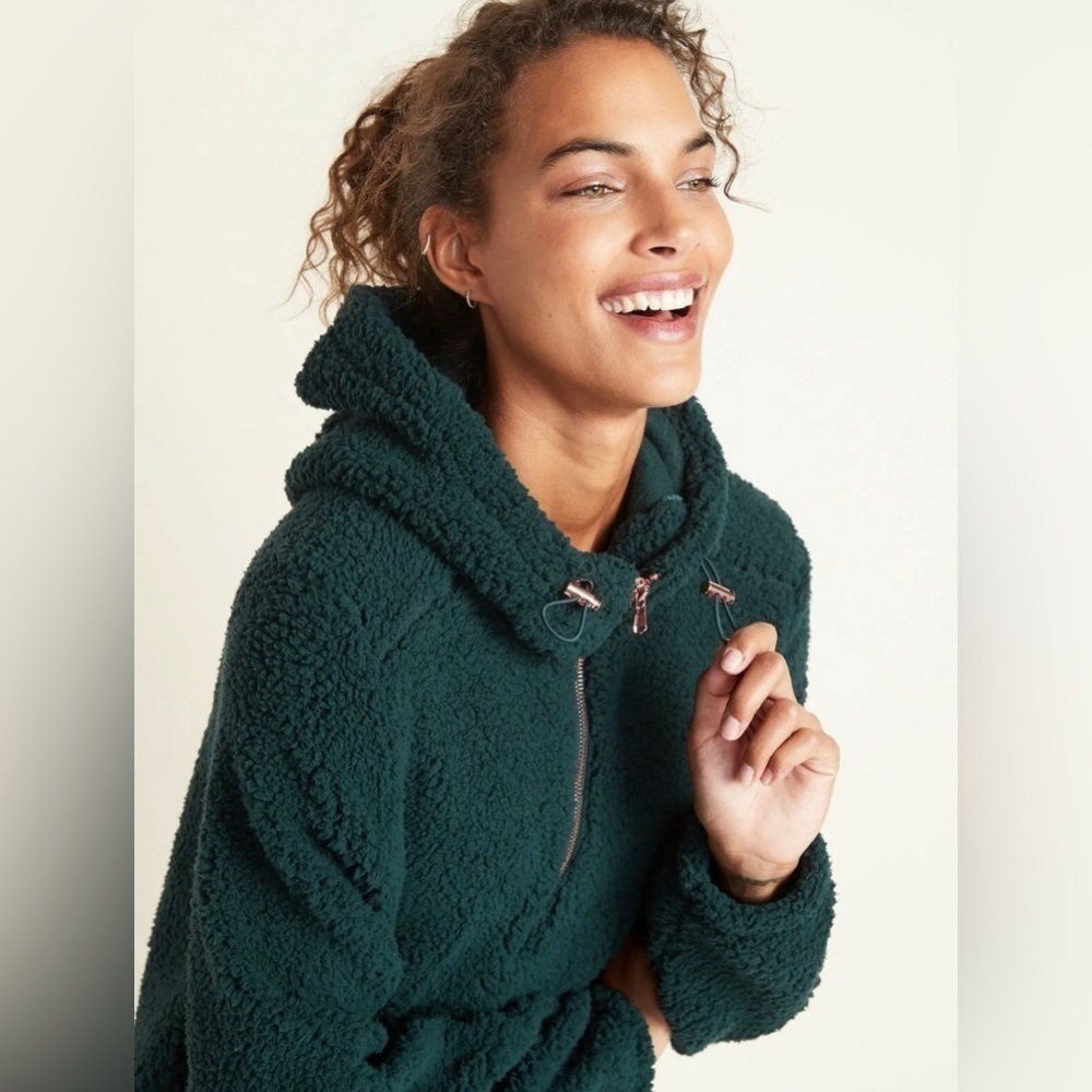 Old Navy Plush Sherpa 1/2-Zip Hoodie Sweater Pullover Dark Ivy Hunter Green XXL - Picture 4 of 5